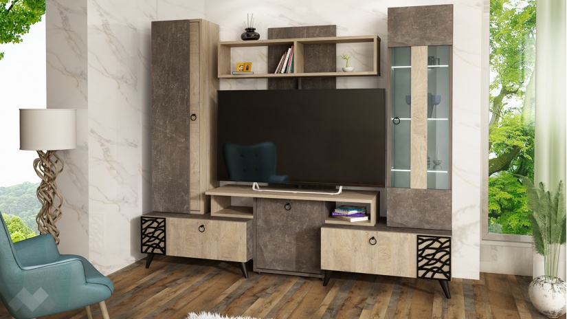 Секция Нола с витрина тъмен бетон с дъб суров - изглед 1