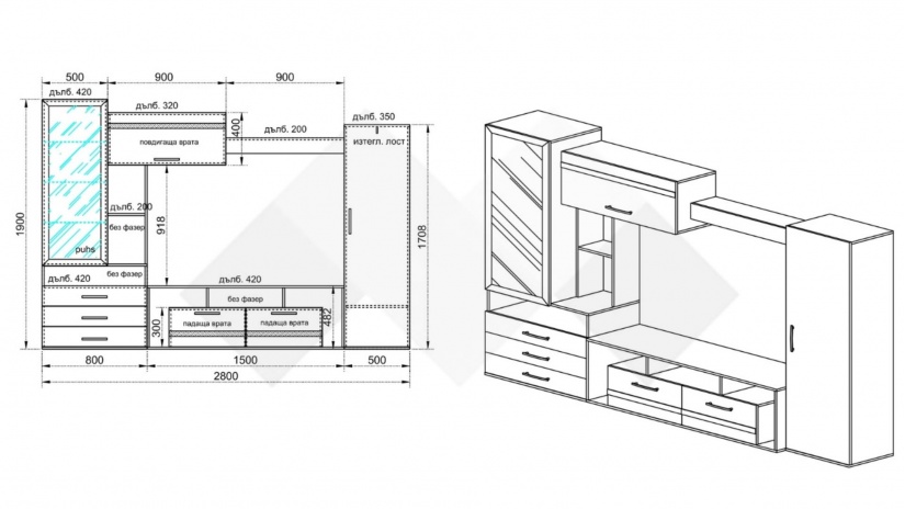 Секция Омаха с витрина тъмна сонома с венге - изглед 2