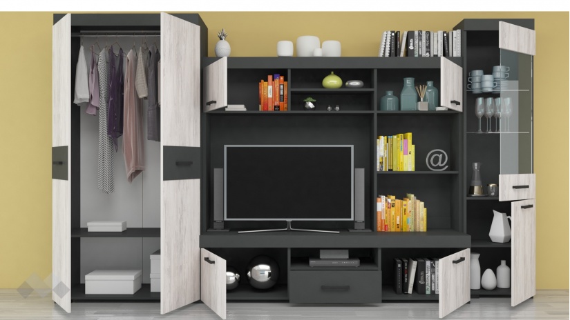 Секция Рен с гардероб дъб бланко с антрацит - изглед 2