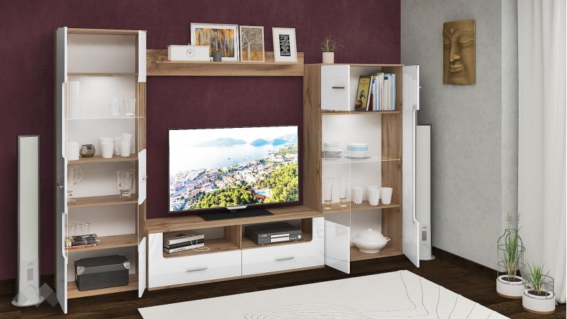 Секция Шери с LED осветление бяло гланц хайглос с дъб дакота - изглед 2 - МебелМаг Секция Шери с LED осветление бяло гланц хайглос с дъб дакота - изглед 2