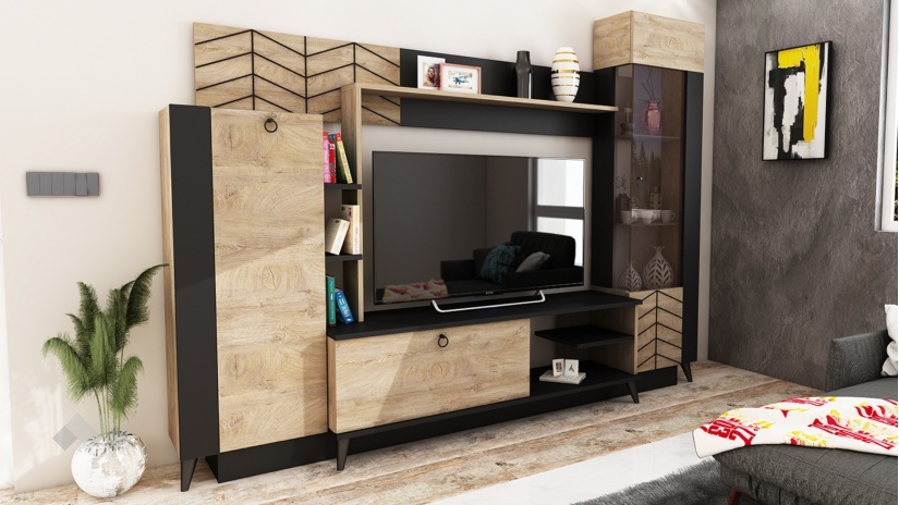 Секция Тренд с витрина черно шагре с дъб суров - изглед 1