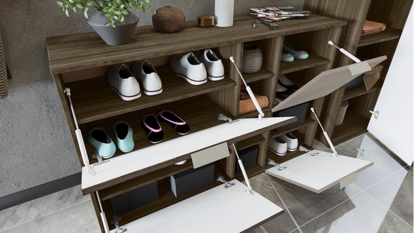 Шкаф за обувки Поситано дъб дилън тъмен с капучино мат и пасифик - изглед 2 - МебелМаг Шкаф за обувки Поситано дъб дилън тъмен с капучино мат и пасифик - изглед 2