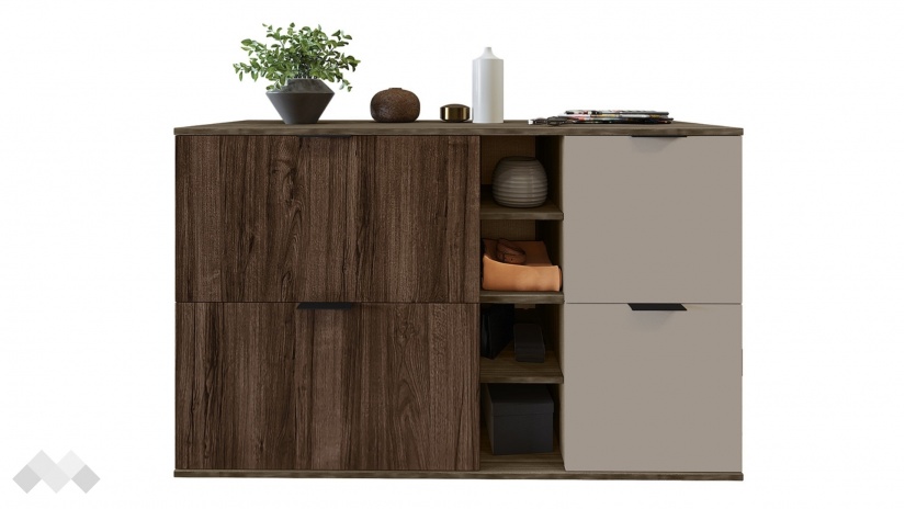 Шкаф за обувки Поситано дъб дилън тъмен с капучино мат и пасифик - изглед 3 - МебелМаг Шкаф за обувки Поситано дъб дилън тъмен с капучино мат и пасифик - изглед 3