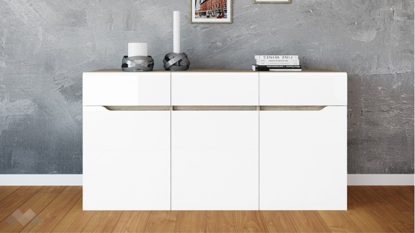 Скрин Бос бяло гланц с дъб сонома - изглед 1 - МебелМаг Скрин Бос бяло гланц с дъб сонома - изглед 1