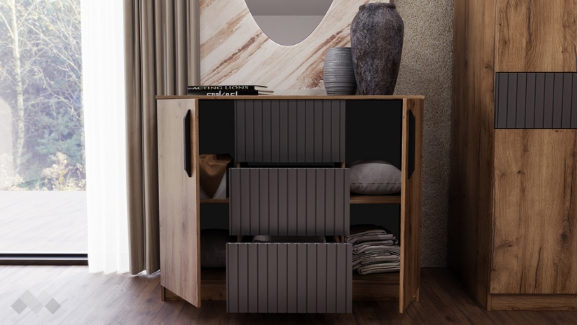 Скрин Дейт кафяв дъб с пиемона и карбон мат - изглед 2 - МебелМаг Скрин Дейт кафяв дъб с пиемона и карбон мат - изглед 2