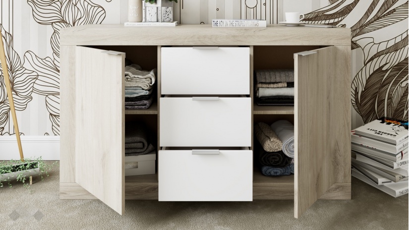 Скрин Клео сонома арвен с бял гланц - изглед 2 - МебелМаг Скрин Клео сонома арвен с бял гланц - изглед 2