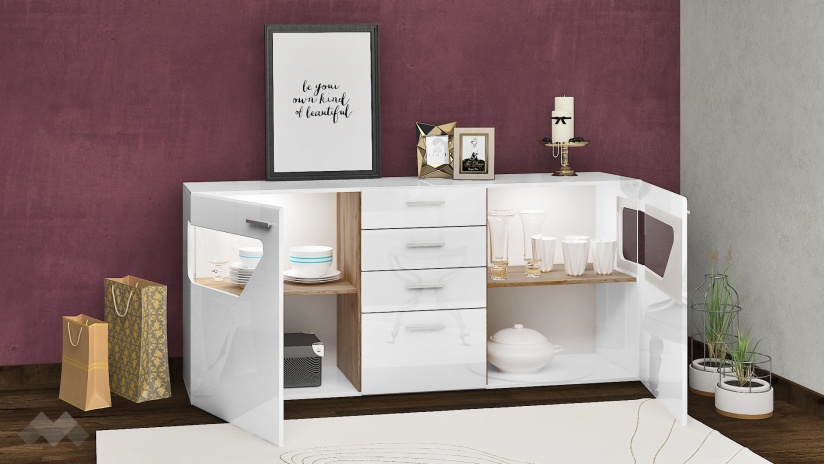 Скрин Мариано бяло гланц хайглос с дъб дакота - изглед 2 - МебелМаг Скрин Мариано бяло гланц хайглос с дъб дакота - изглед 2