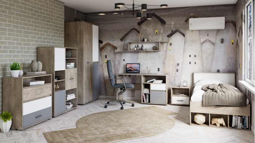 Скрин Мито дъб суров с бяло и кобалтово сиво - изглед 2 - МебелМаг Скрин Мито дъб суров с бяло и кобалтово сиво - изглед 2