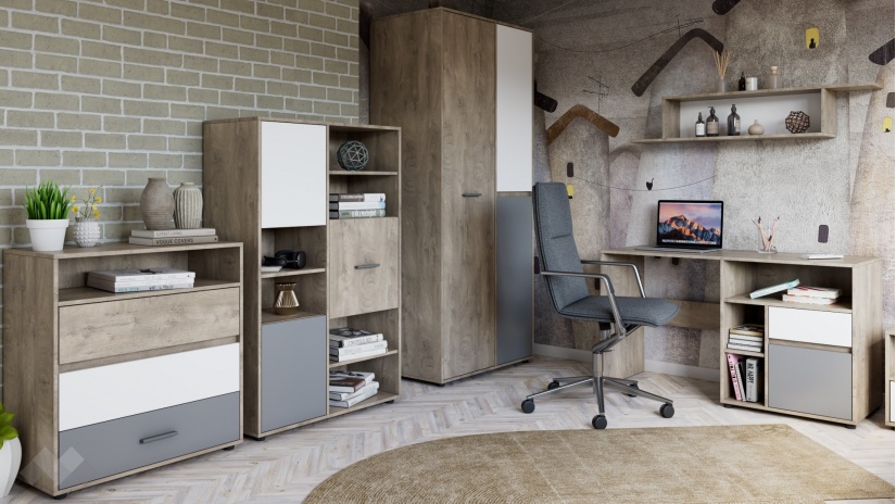 Скрин Мито дъб суров с бяло и кобалтово сиво - изглед 3 - МебелМаг Скрин Мито дъб суров с бяло и кобалтово сиво - изглед 3