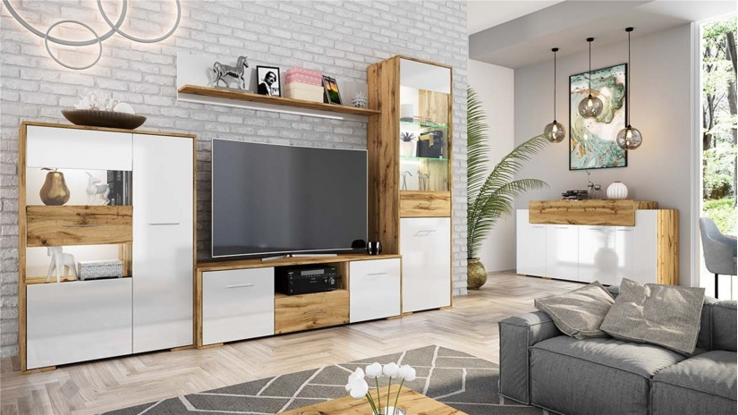 Скрин Пезаро дъб дакота с бял гланц - изглед 2 - МебелМаг Скрин Пезаро дъб дакота с бял гланц - изглед 2