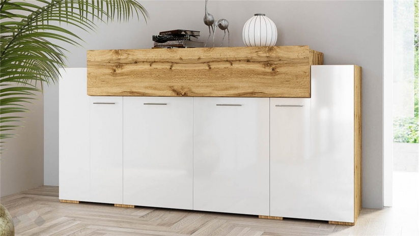 Скрин Пезаро дъб дакота с бял гланц - изглед 1 - МебелМаг Скрин Пезаро дъб дакота с бял гланц - изглед 1