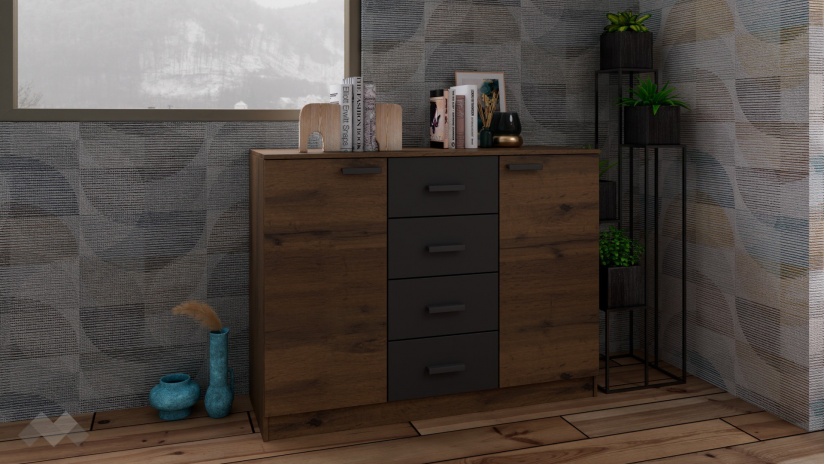 Скрин Прайд дъб вотан с черно шагре - изглед 1 - МебелМаг Скрин Прайд дъб вотан с черно шагре - изглед 1