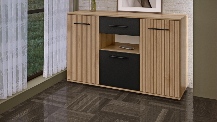 Скрин Ламела дъб канела с дъб ламела и черно шагре - изглед 1 - МебелМаг Скрин Ламела дъб канела с дъб ламела и черно шагре - изглед 1