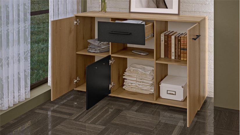 Скрин Ламела дъб канела с дъб ламела и черно шагре - изглед 2 - МебелМаг Скрин Ламела дъб канела с дъб ламела и черно шагре - изглед 2