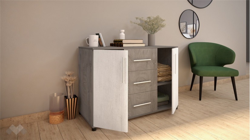 Скрин Ирина дъб суров с бяло фладер - изглед 2 - МебелМаг Скрин Ирина дъб суров с бяло фладер - изглед 2