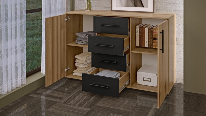 Скрин Ламела дъб канела с дъб ламела и черно шагре - изглед 2 - МебелМаг Скрин Ламела дъб канела с дъб ламела и черно шагре - изглед 2