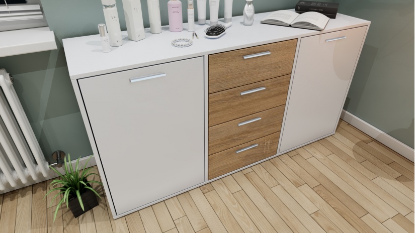 Скрин Жизел бяло гладко с дъб сонома - изглед 1 - МебелМаг Скрин Жизел бяло гладко с дъб сонома - изглед 1