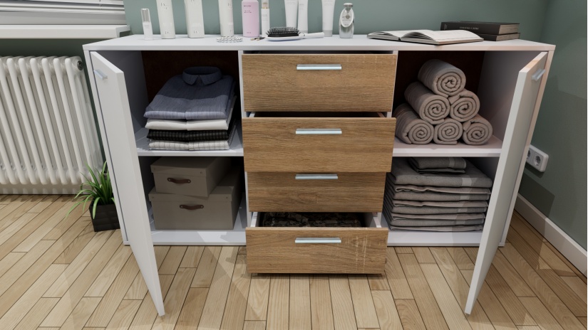 Скрин Жизел бяло гладко с дъб сонома - изглед 2 - МебелМаг Скрин Жизел бяло гладко с дъб сонома - изглед 2