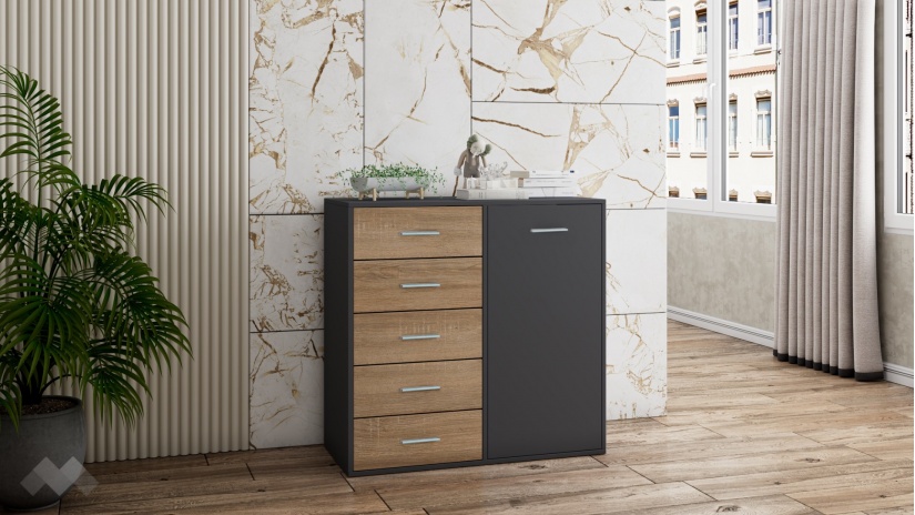 Скрин Жизел антрацит с дъб сонома - изглед 1 - МебелМаг Скрин Жизел антрацит с дъб сонома - изглед 1