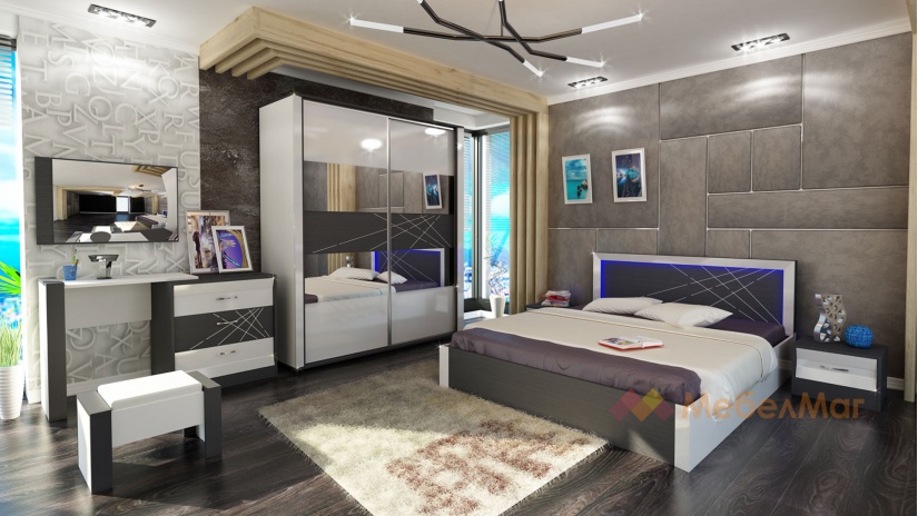 Спален комплект със скрин-тоалетка черно и бяло шагре с бял гланц - изглед 1 - МебелМаг Спален комплект със скрин-тоалетка черно и бяло шагре с бял гланц - изглед 1