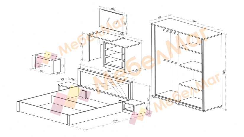 Спален комплект със скрин-тоалетка черно и бяло шагре с бял гланц - изглед 3 - МебелМаг Спален комплект със скрин-тоалетка черно и бяло шагре с бял гланц - изглед 3