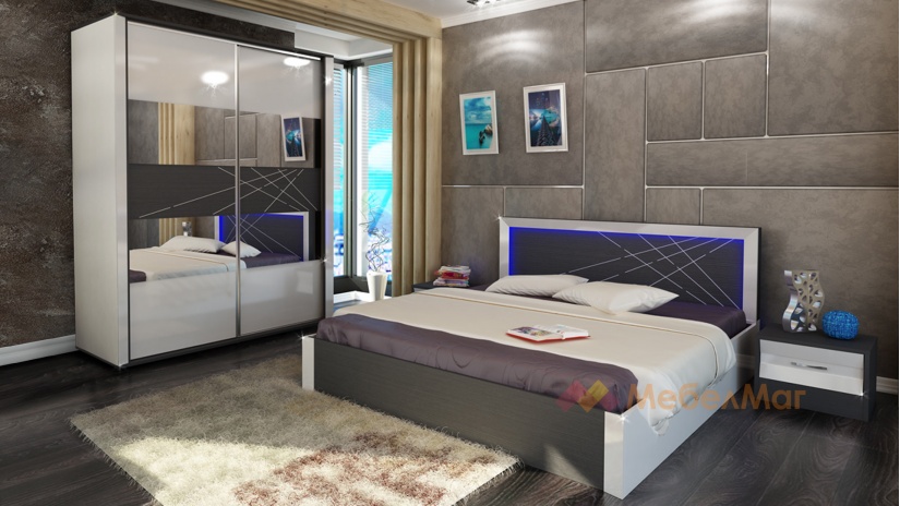 Спален комплект Арте черно и бяло шагре с бял гланц - изглед 1 - МебелМаг Спален комплект Арте черно и бяло шагре с бял гланц - изглед 1