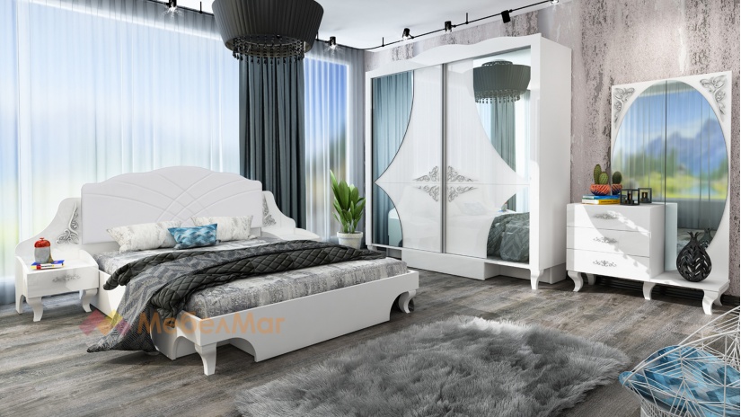 Спален комплект със скрин-тоалетка бяло шагре с бял гланц - изглед 1 - МебелМаг Спален комплект със скрин-тоалетка бяло шагре с бял гланц - изглед 1