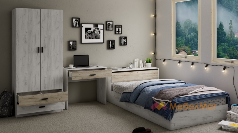 Спален комплект Джорджи с включен матрак Бонел 120/190 дъб крафт бял с дъб крафт сив - изглед 2 - МебелМаг Спален комплект Джорджи с включен матрак Бонел 120/190 дъб крафт бял с дъб крафт сив - изглед 2