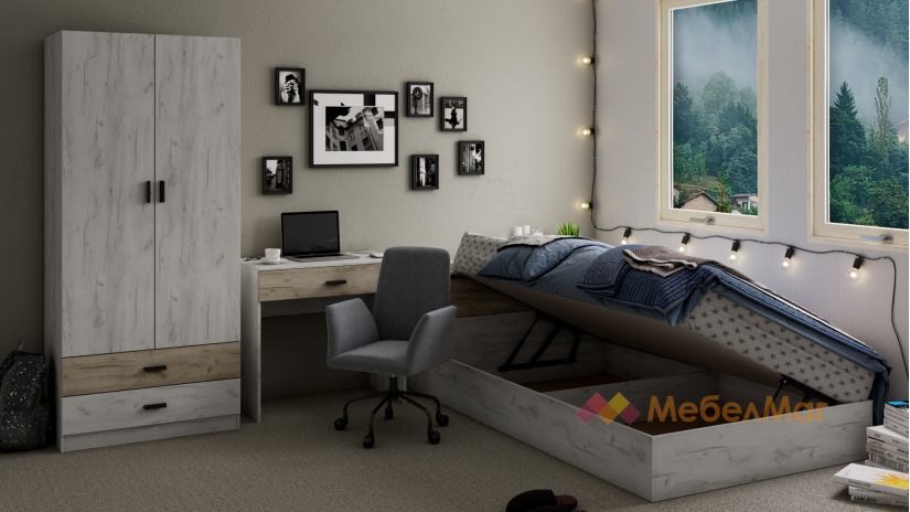 Спален комплект Джорджи с включен матрак Бонел 120/190 дъб крафт бял с дъб крафт сив - изглед 3 - МебелМаг Спален комплект Джорджи с включен матрак Бонел 120/190 дъб крафт бял с дъб крафт сив - изглед 3