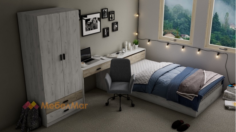 Спален комплект Джорджи с включен матрак Бонел 120/190 дъб крафт бял с дъб крафт сив - изглед 6 - МебелМаг Спален комплект Джорджи с включен матрак Бонел 120/190 дъб крафт бял с дъб крафт сив - изглед 6