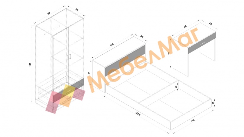 Спален комплект Джорджи с включен матрак Бонел 120/190 дъб крафт бял с дъб крафт сив - изглед 8 - МебелМаг Спален комплект Джорджи с включен матрак Бонел 120/190 дъб крафт бял с дъб крафт сив - изглед 8