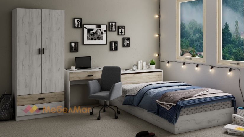 Спален комплект Джорджи с включен матрак Бонел 120/190 дъб крафт бял с дъб крафт сив - изглед 1 - МебелМаг Спален комплект Джорджи с включен матрак Бонел 120/190 дъб крафт бял с дъб крафт сив - изглед 1