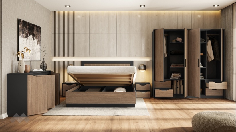 Спален комплект Ейприл с включен матрак Бонел 160/200 орех линеа с графит - изглед 2 - МебелМаг Спален комплект Ейприл с включен матрак Бонел 160/200 орех линеа с графит - изглед 2