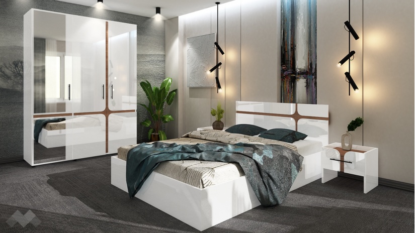 Спален комплект Енцо бял гланц с денвър - изглед 1 - МебелМаг Спален комплект Енцо бял гланц с денвър - изглед 1