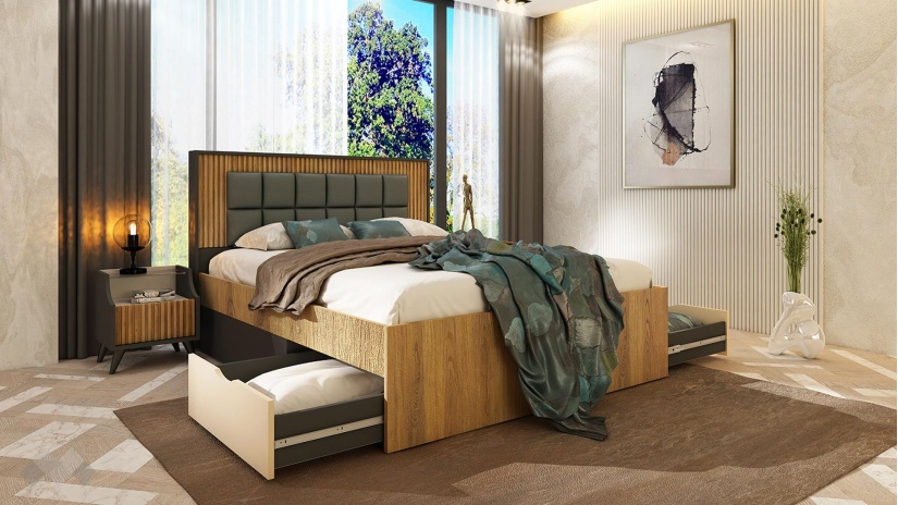 Спален комплект Кинг графит с дъб евок и кашмир - изглед 4 - МебелМаг Спален комплект Кинг графит с дъб евок и кашмир - изглед 4