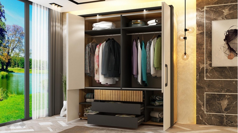 Спален комплект Кинг графит с дъб евок и кашмир - изглед 6 - МебелМаг Спален комплект Кинг графит с дъб евок и кашмир - изглед 6