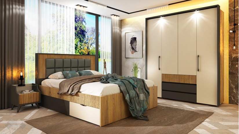 Спален комплект Кинг графит с дъб евок и кашмир - изглед 1 - МебелМаг Спален комплект Кинг графит с дъб евок и кашмир - изглед 1