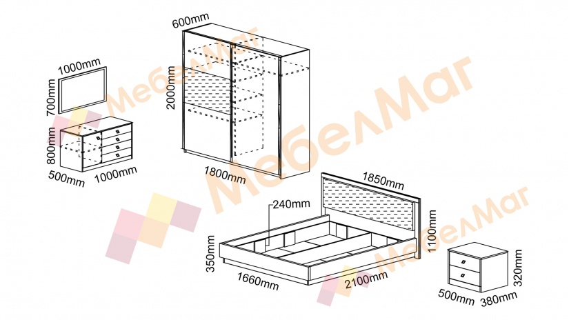 Спален комплект със скрин бяло гланц с черен гланц - изглед 2 - МебелМаг Спален комплект със скрин бяло гланц с черен гланц - изглед 2