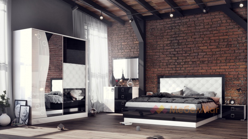Спален комплект със скрин бяло гланц с черен гланц - изглед 1 - МебелМаг Спален комплект със скрин бяло гланц с черен гланц - изглед 1