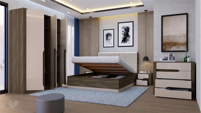 Спален комплект Котанело с включен матрак Бонел 160/200 дъб дилън тъмен с кашмир гланц - изглед 2 - МебелМаг Спален комплект Котанело с включен матрак Бонел 160/200 дъб дилън тъмен с кашмир гланц - изглед 2