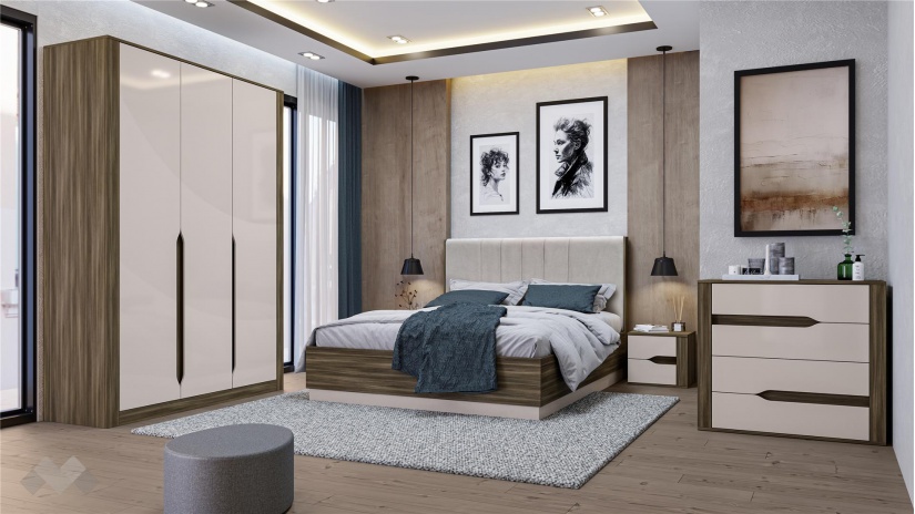 Спален комплект Котанело с включен матрак Бонел 160/200 дъб дилън тъмен с кашмир гланц - изглед 1 - МебелМаг Спален комплект Котанело с включен матрак Бонел 160/200 дъб дилън тъмен с кашмир гланц - изглед 1