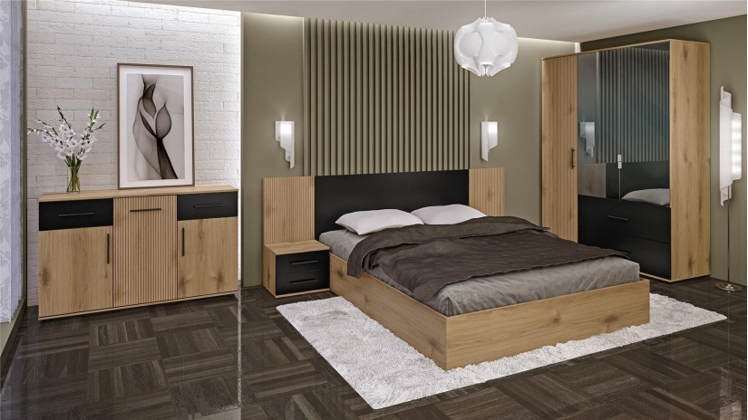 Спален комплект Ламела Л1 дъб канела с дъб ламела и черно шагре - изглед 1 - МебелМаг Спален комплект Ламела Л1 дъб канела с дъб ламела и черно шагре - изглед 1