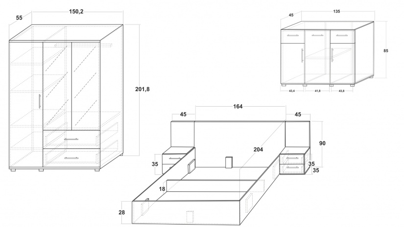 Спален комплект Ламела Л1 дъб канела с дъб ламела и черно шагре - изглед 2 - МебелМаг Спален комплект Ламела Л1 дъб канела с дъб ламела и черно шагре - изглед 2