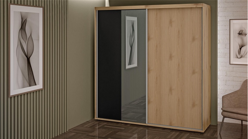 Спален комплект Ламела Л3 дъб канела с дъб ламела и черно шагре - изглед 7 - МебелМаг Спален комплект Ламела Л3 дъб канела с дъб ламела и черно шагре - изглед 7