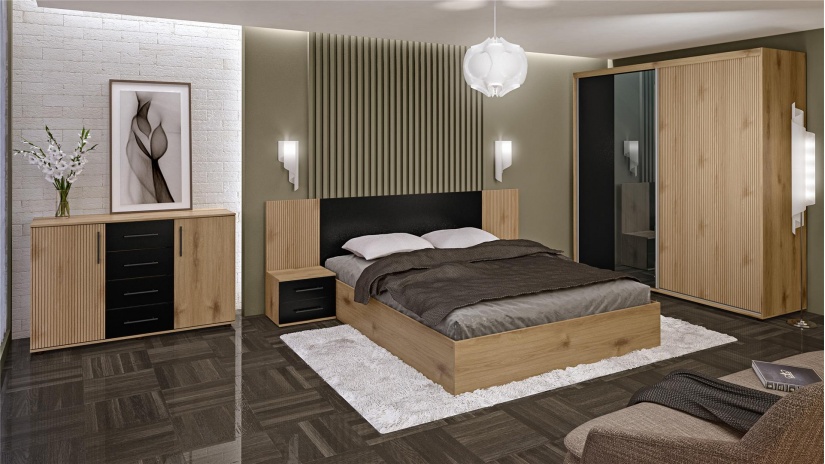 Спален комплект Ламела Л3 дъб канела с дъб ламела и черно шагре - изглед 1 - МебелМаг Спален комплект Ламела Л3 дъб канела с дъб ламела и черно шагре - изглед 1