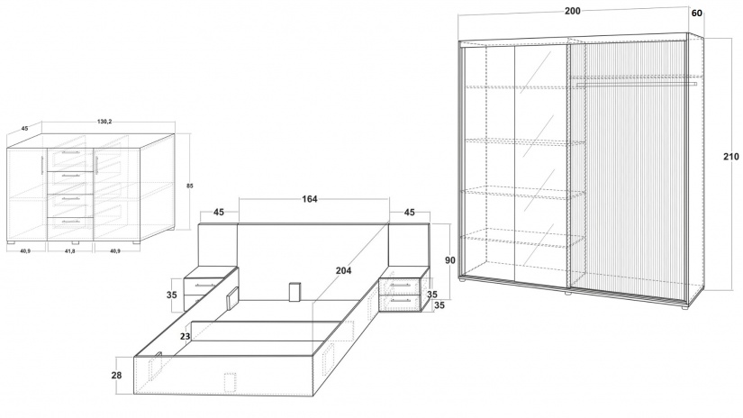 Спален комплект Ламела Л3 дъб канела с дъб ламела и черно шагре - изглед 2 - МебелМаг Спален комплект Ламела Л3 дъб канела с дъб ламела и черно шагре - изглед 2
