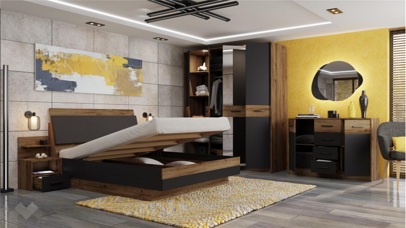 Спален комплект Легрия с включен матрак Бонел 160/200 кафяв дъб пиемона с черно шагре - изглед 2 - МебелМаг Спален комплект Легрия с включен матрак Бонел 160/200 кафяв дъб пиемона с черно шагре - изглед 2