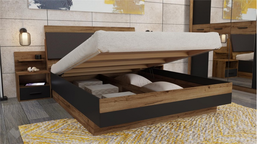 Спален комплект Легрия с включен матрак Бонел 160/200 кафяв дъб пиемона с черно шагре - изглед 4 - МебелМаг Спален комплект Легрия с включен матрак Бонел 160/200 кафяв дъб пиемона с черно шагре - изглед 4