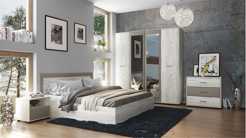 Спален комплект Летисия XL с включен матрак Бонел 160/200 дъб крафт бял с базалт - изглед 1 - МебелМаг Спален комплект Летисия XL с включен матрак Бонел 160/200 дъб крафт бял с базалт - изглед 1