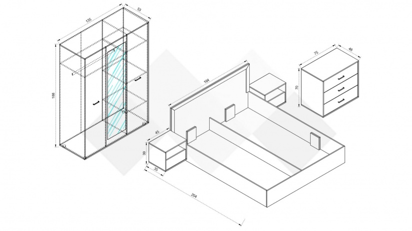 Спален комплект Летисия L с включен матрак Бонел 160/200 тъмен кедър с черно шагре - изглед 8 - МебелМаг Спален комплект Летисия L с включен матрак Бонел 160/200 тъмен кедър с черно шагре - изглед 8